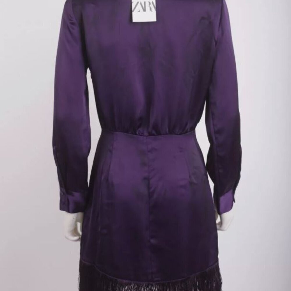 ZARA WOMENS FRINGED WRAP DRESS S PURPLE SATIN EFFECT LONG S SLEEVE 2081 845 654 - Picture 2 of 4